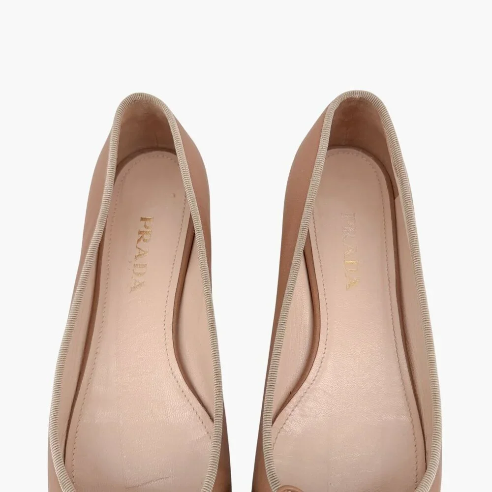 Prada Beige Black Cap Toe Logo Ballet Flats Leather Size 38 US 8 Women Two Tone - Picture 4 of 15